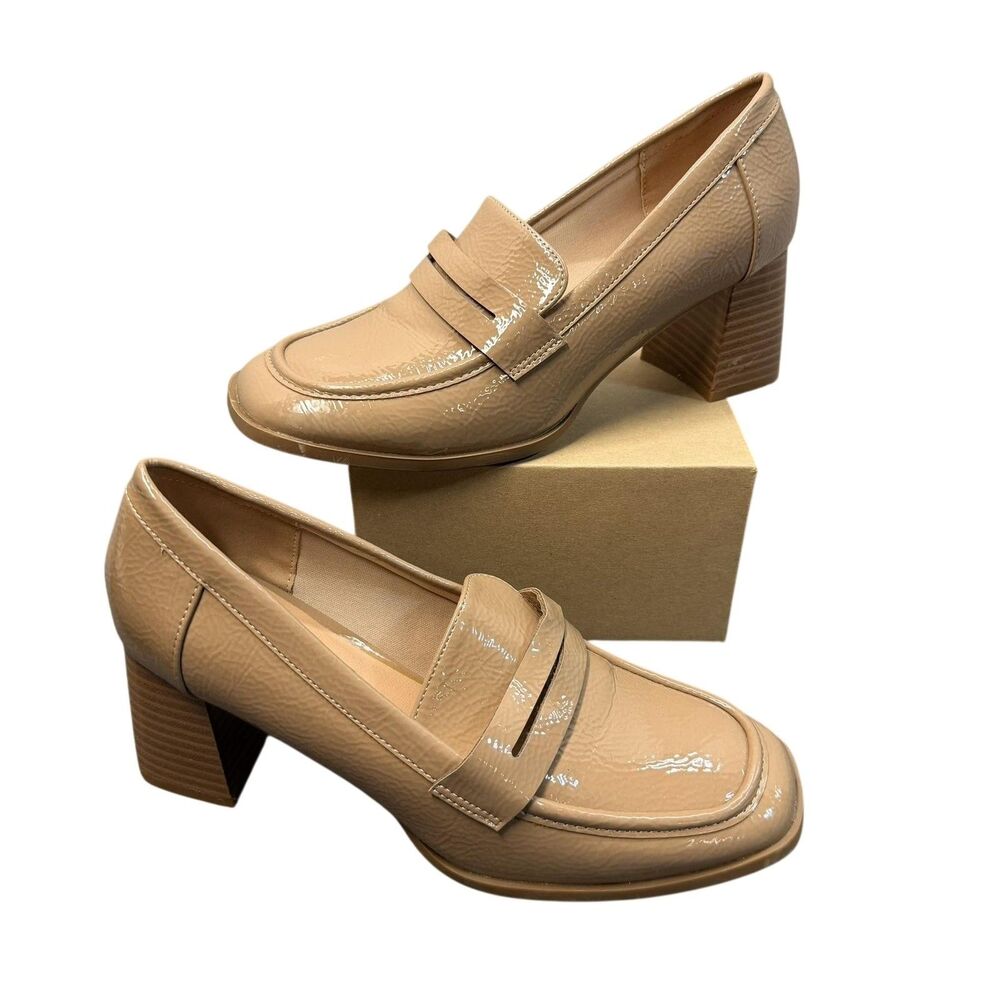 Journee Collection Shoes Womens Size 7.5 Beige Patent Block Heel Loafer Pumps